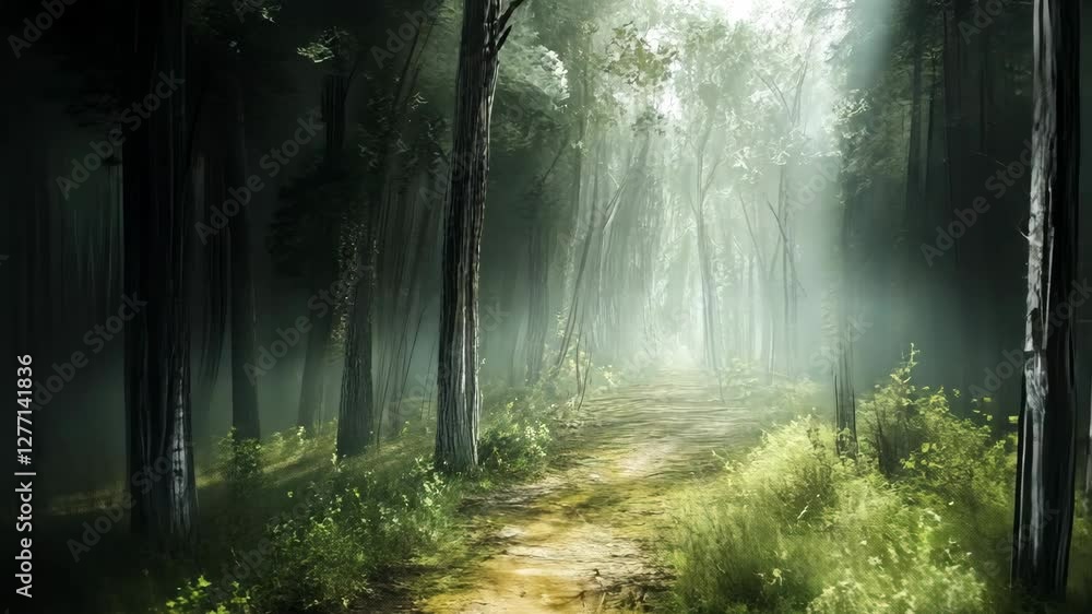 Poster sunlight streams through trees along a winding path in a serene forest clearing during early morning