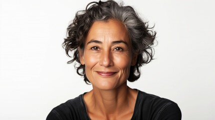 A joyful Hispanic woman shines in a studio, showcasing her vibrant personality and cheerful expression