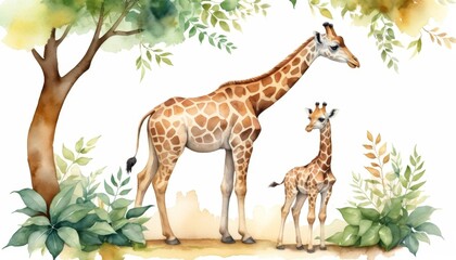 Watercolor illustration of a baby giraffe and its mother enjoying a sunny day in a lush environment during the spring season