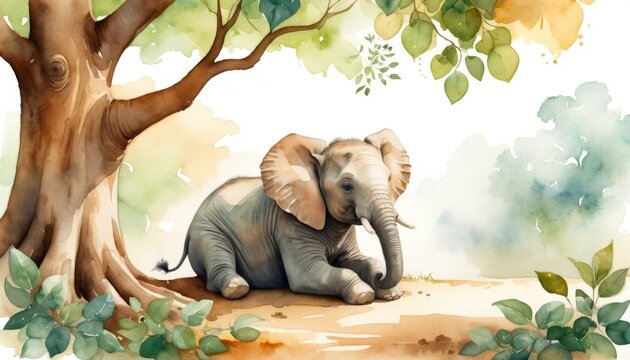 Watercolor illustration of a baby elephant resting under a large tree in a serene setting during a sunny season