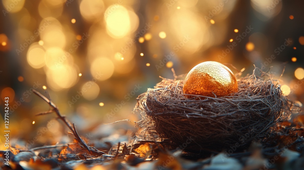 Poster a shimmering golden egg nestled in a rustic nest surrounded by autumn foliage and soft sunlight