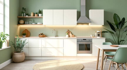 Fototapeta premium modern white kitchen with sage green walls and natural light