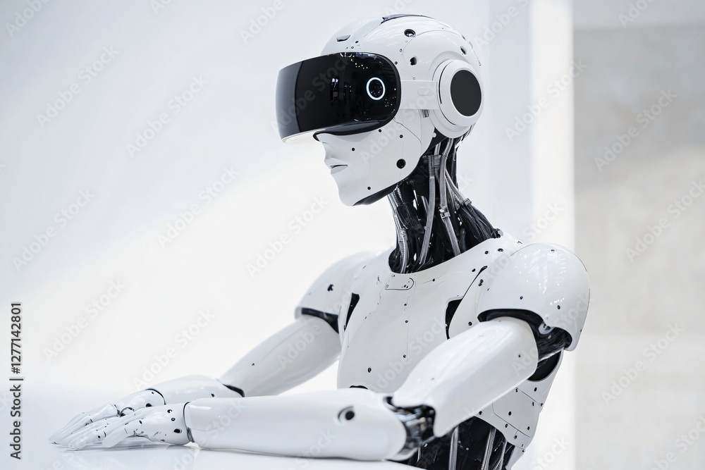 Poster white and black humanoid robot with vr headset. modern android with sleek design against light backg
