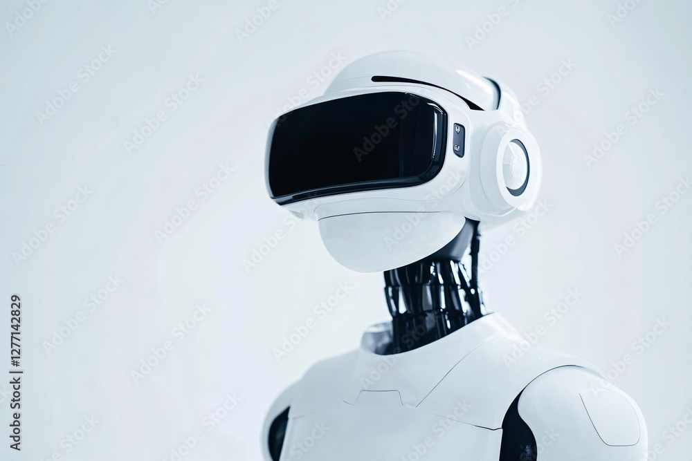 Poster white modern robot wearing virtual reality headset on light background. futuristic artificial intell