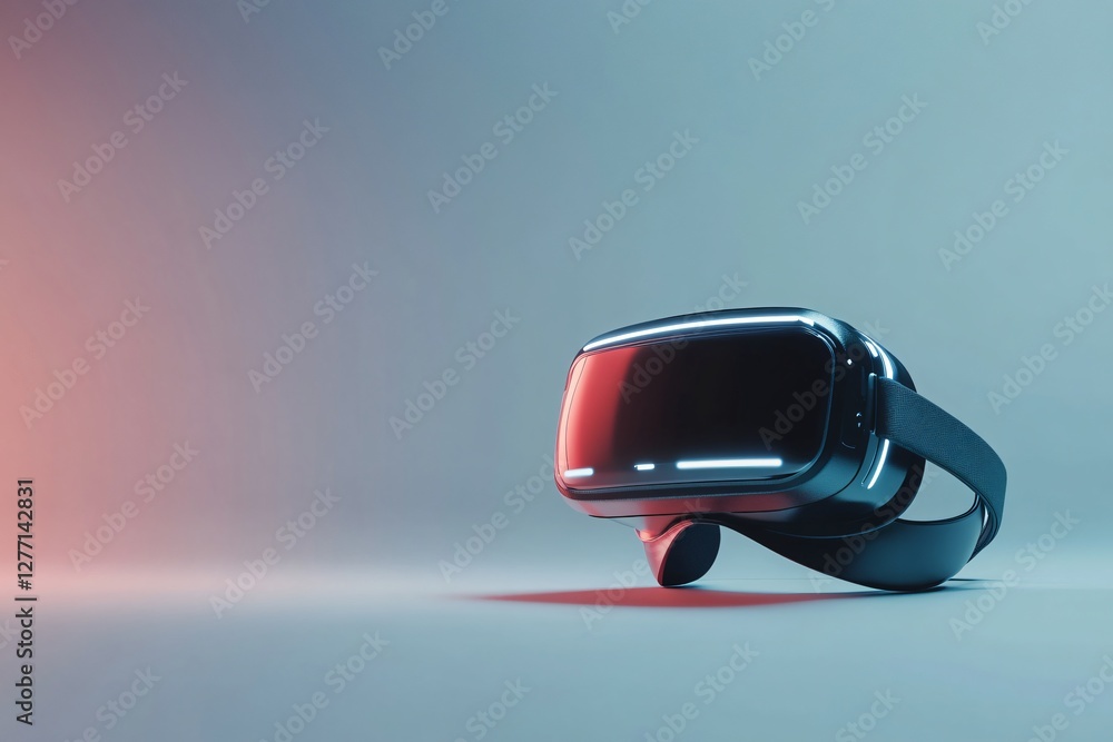 Poster modern virtual reality headset on gradient background. black vr device with red glow. tech gadget fo