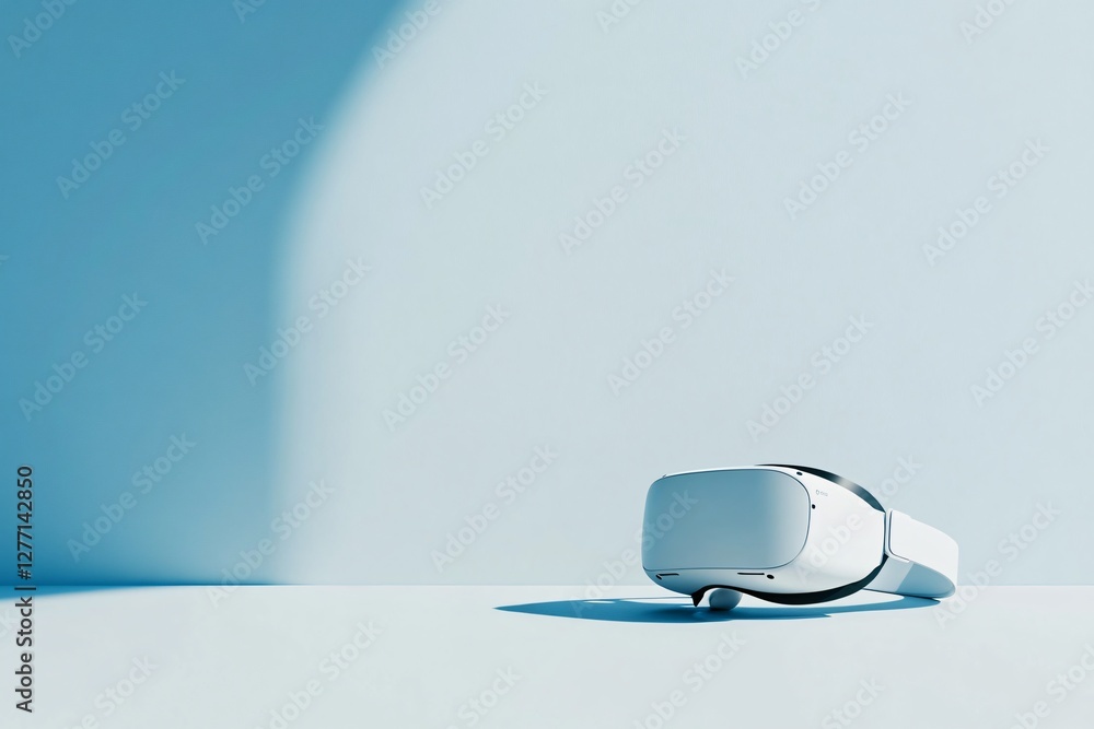 Poster modern white virtual reality headset on light table against blue wall background. clean minimal tech