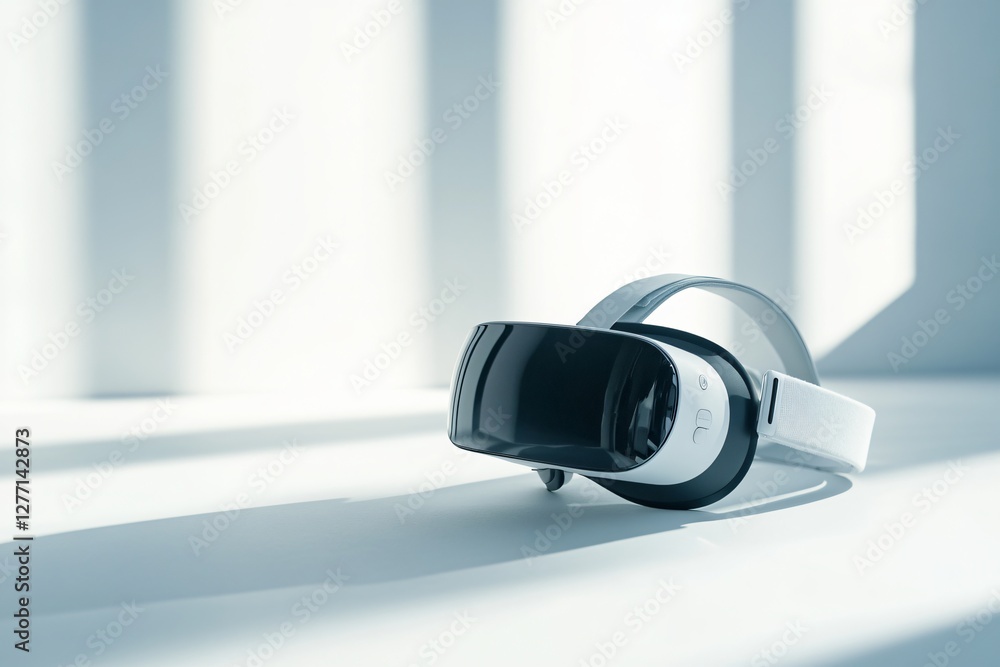 Poster white virtual reality headset on light surface with window shadows. modern vr device in minimalist s