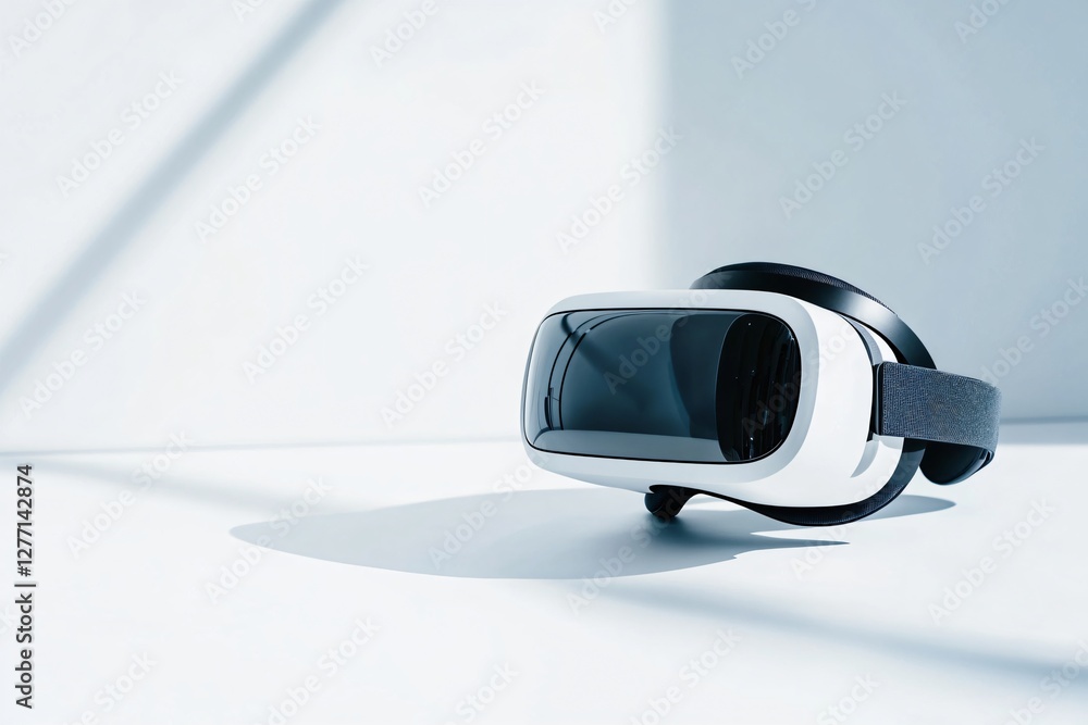 Poster white virtual reality headset on light background with shadow. modern vr gaming device. clean minima