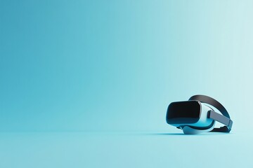Virtual reality headset on turquoise background with reflection. Modern VR gaming device in minimal style. Tech gadget on gradient surface. Future technology concept with copy space