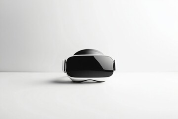 Black virtual reality headset floating on white background. Modern VR gaming device. Minimalist tech gadget presentation. Clean design for digital advertisement with copy space