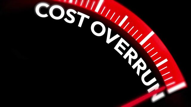 Cost Overrun in business concept with speedometer in red showing needle going full, 4k animation. Finance, risk, red, money, overspending, budget