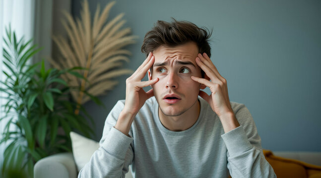 young man sitting indoors lost in deep thought his hands gently touching his temples.