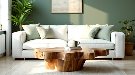 sunlit living room with organic wood coffee table and white sofa