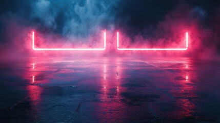 Futuristic neon lights on wet surface with misty atmosphere at night