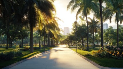 Obraz premium Scenic pathway lined with palm trees in urban park setting at sunset