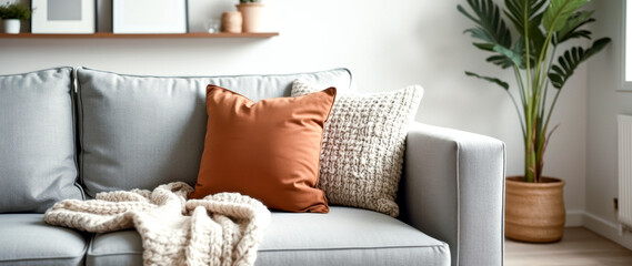 grey sofa with burnt cushion and cream knitted throw