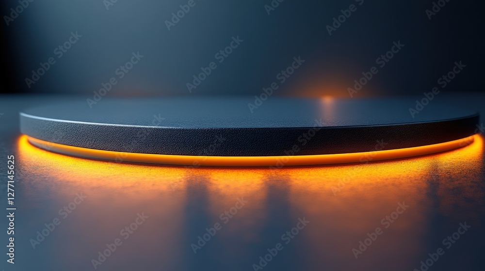 Poster sleek modern platform with glowing orange edge illuminated in a dark ambient setting