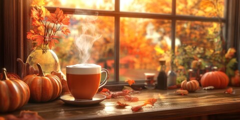 Obraz premium A cozy autumn-themed caf?? with pumpkins, warm colors, and a steaming latte