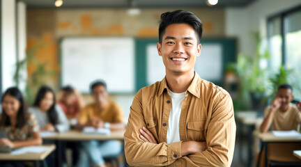 confident young male student smiling in a classroom