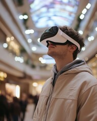 Fototapeta premium A customer using a virtual reality headset in a high-tech shopping mall, browsing digital product catalogs