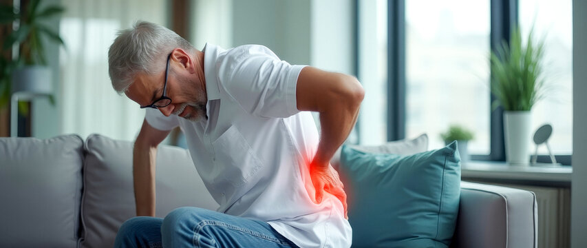mature man experiencing lower back pain while sitting on a sofa