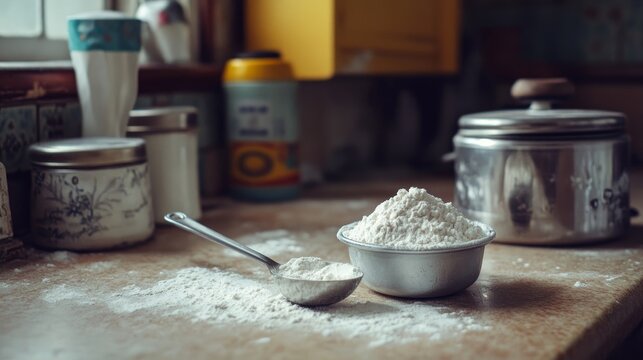 flour being measured in a tablespoon, situated on a vintage kitchen counter. The flour is piled both in a metal bowl and on the tablespoon, showcasing its soft, powdery texture. The background feature