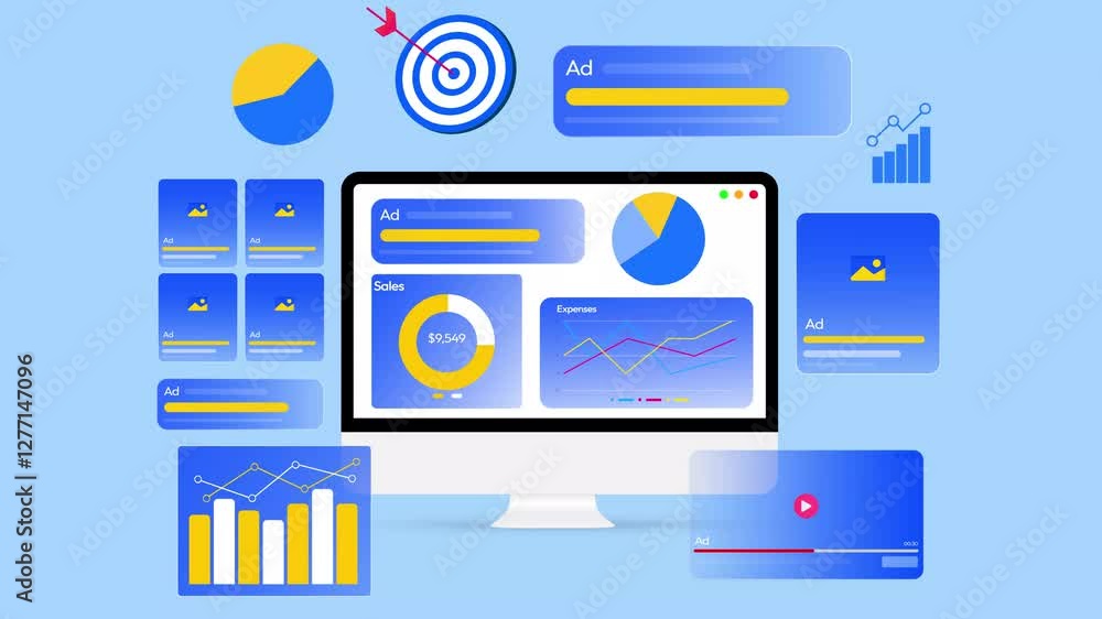 Poster digital ads floating around the computer screen 4k animation with a blue backdrop. marketing strateg