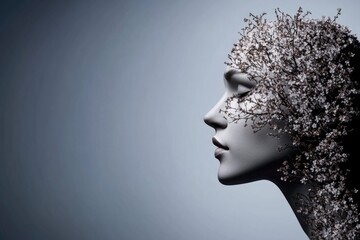 Surreal portrait of female with blossoming flowers in profile view