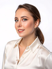 Portrait of a beautiful, young businesswoman in a silk blouse, isolated on white background