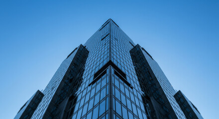 Geometric skyscrapers rise dramatically, viewed from a low angle against a clear blue sky, highlighting modern architecture, scale, and urban sophistication.