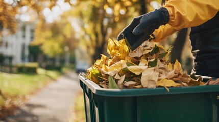 A person collects autumn leaves in a green bin during a sunny day in a residential area.