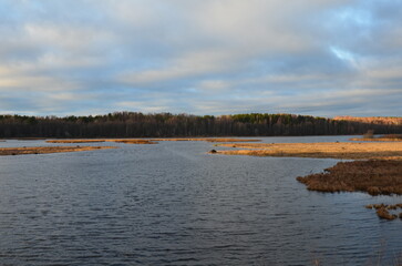 Autumn lake. Small waves on the surface of the water, reeds, bushes, trees grow along the banks of the reservoir. The foliage on them has turned yellow. Above, a blue sky with white and gray clouds.