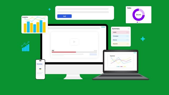 Digital Advertising and analytics concept 4k Animation with Green Screen for keying. Video ad, graph, bars, dashboard animation infographics