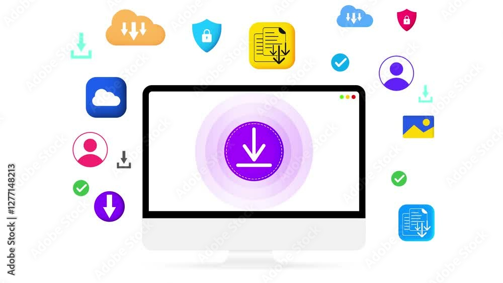 Poster downloading animation on the computer screen with floating design 4k animation. cloud, user, secure,