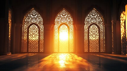 Majestic Sunset Through Intricate Windows in Ancient Architecture