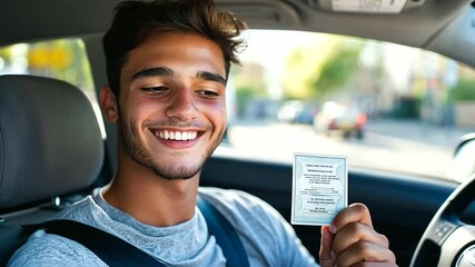 A young man beams with pride as he holds up his newly acquired driver's license inside his car.