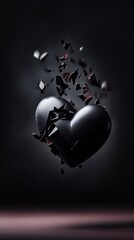 Obraz premium Shattered black heart on dark background with red accents