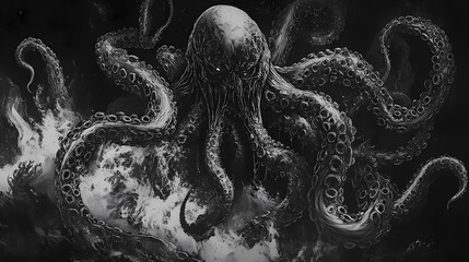 Cosmic horror: colossal eldritch being in monochrome illustration with twisted anatomy and dark cosmic energy. Eldritch Tentacle Beings. Illustration