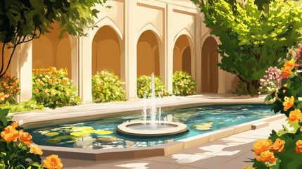 Serene Courtyard with Fountain Surrounded by Lush Greenery and Flowers