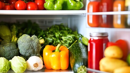 Fresh vegetables and preserves in a refrigerator.