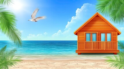 Relaxing beachfront cottage tropical paradise digital illustration sunny ocean environment serene viewpoint