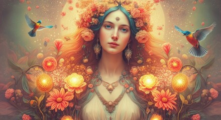 Ethereal female portrait with floral crown and vibrant birds in dreamlike setting