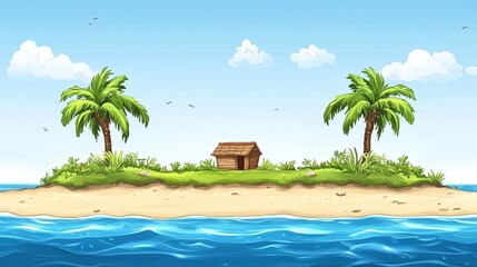 Relaxing beach scene with palm trees and wooden hut on tropical island vibrant blue ocean cartoon style
