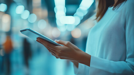 Business professionals collaborating with a tablet in a modern office setting