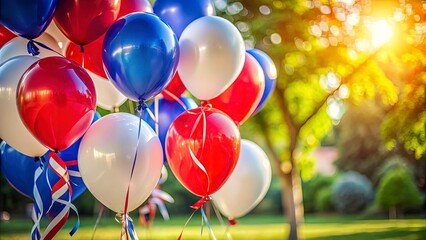 Close-up of red, white, and blue balloons tied together with ribbons, softly blurred background of a park, warm daylight, vibrant and cheerful mood, high-detail textures