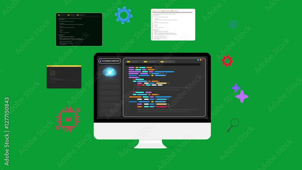 Poster programming and coding appear on the computer screen with a green backdrop, 4k animation for keying.