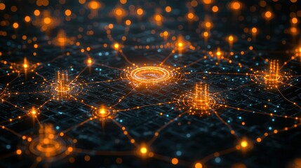 Abstract city map overlaid with glowing network data visualization