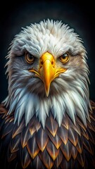 Obraz premium Close-up portrait of a bald eagle with piercing yellow eyes, intricate feather details, dramatic lighting, dark blurred background, intense and powerful gaze, high-detail textures