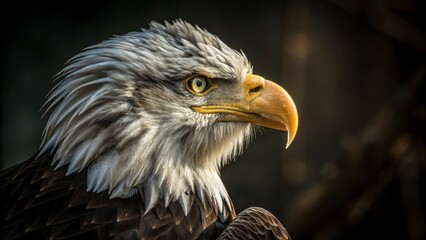 Obraz premium Close-up portrait of a bald eagle with piercing yellow eyes, intricate feather details, dramatic lighting, dark blurred background, intense and powerful gaze, high-detail textures