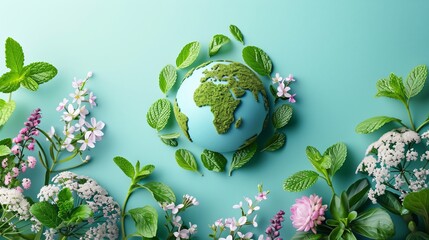 Green earth globe with fresh spring leaves and white flowers on turquoise background with copy space. Earth day, Environmental protection, World ecology day concept